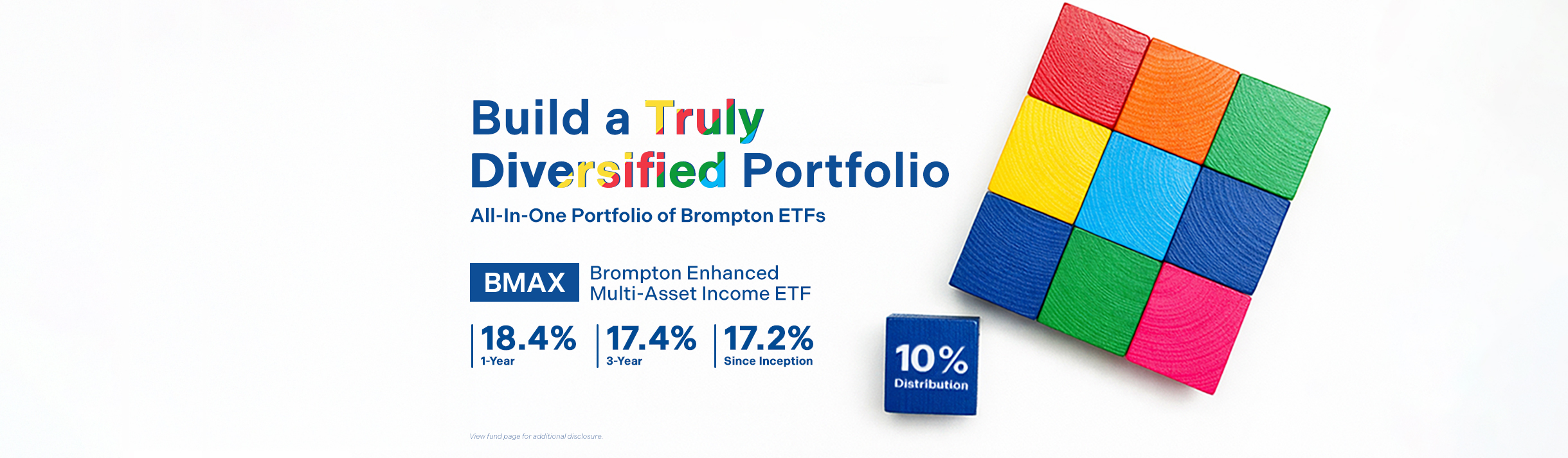 Ad banner promoting a diversified portfolio from Brompton ETFs, featuring a colorful 3x3 cube on the right and bold headline text on the left.