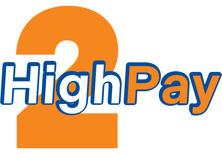 Blue Background - Colour (Transparent) FINAL Logo de HighPay 2 par Brompton Funds : grand « 2 » orange avec « HighPay » et « by Brompton Funds » en italique bleu, le tout souligné en bleu.