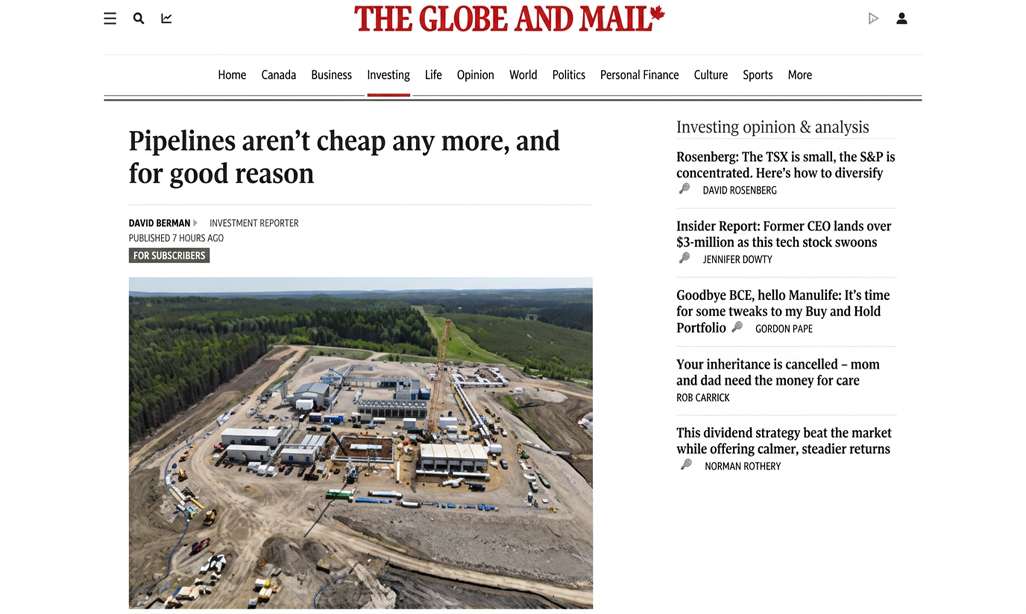 Aerial view of a pipeline construction site with temporary buildings, heavy equipment, and dirt roads amid a forest.